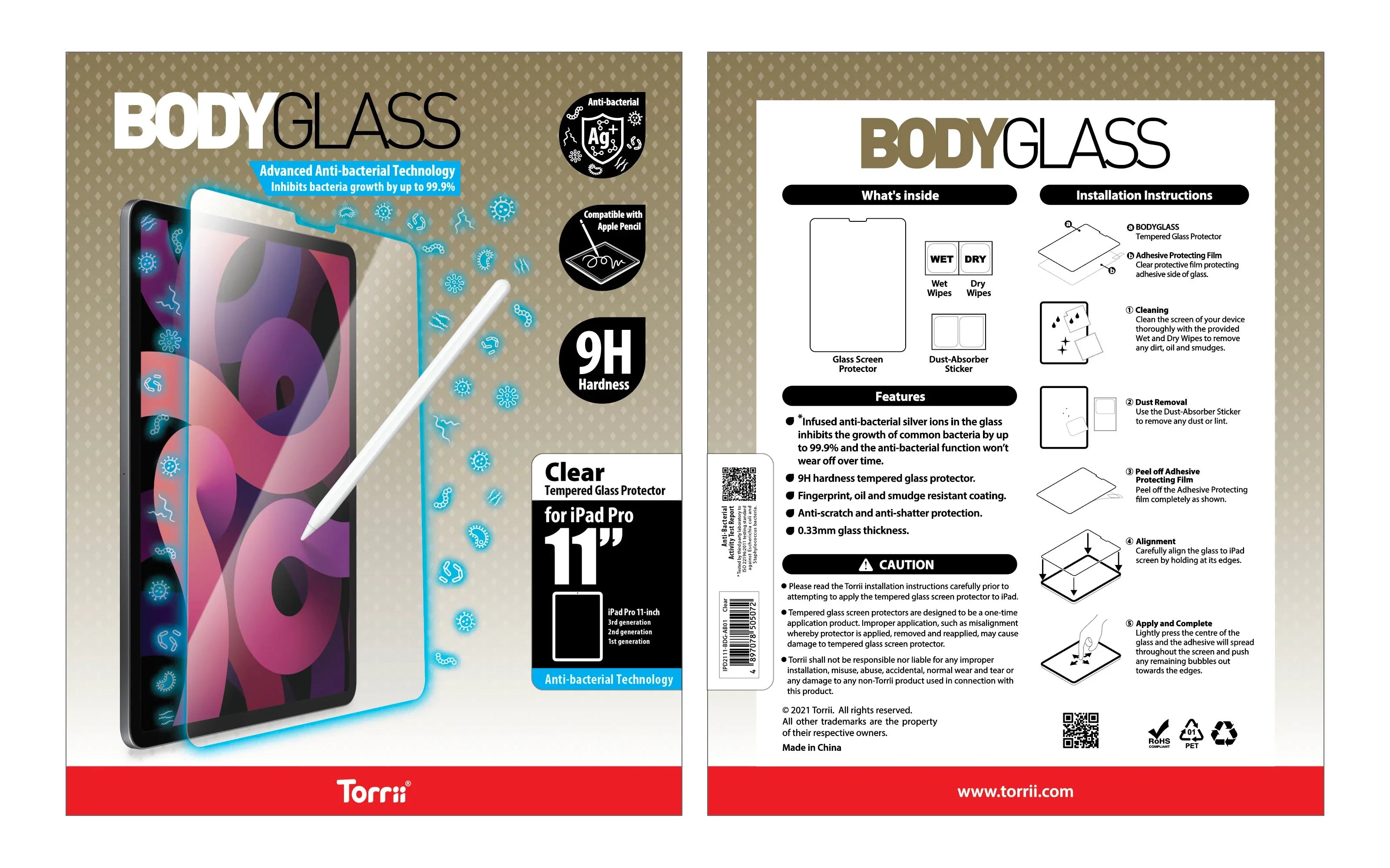 Torrii Bodyglass Anti-Bacterial Screen Protector For iPad Pro 11 (2021/2020/2018) - Clear - Tashqila Torrii Bodyglass Anti-Bacterial Screen Protector For iPad Pro 11 (2021/2020/2018) - Clear - Tashqila